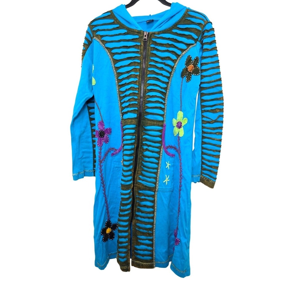 Nepal Blue & Green Hooded Festival‎ Boho Fairy Patchwork Long Jacket Size XL